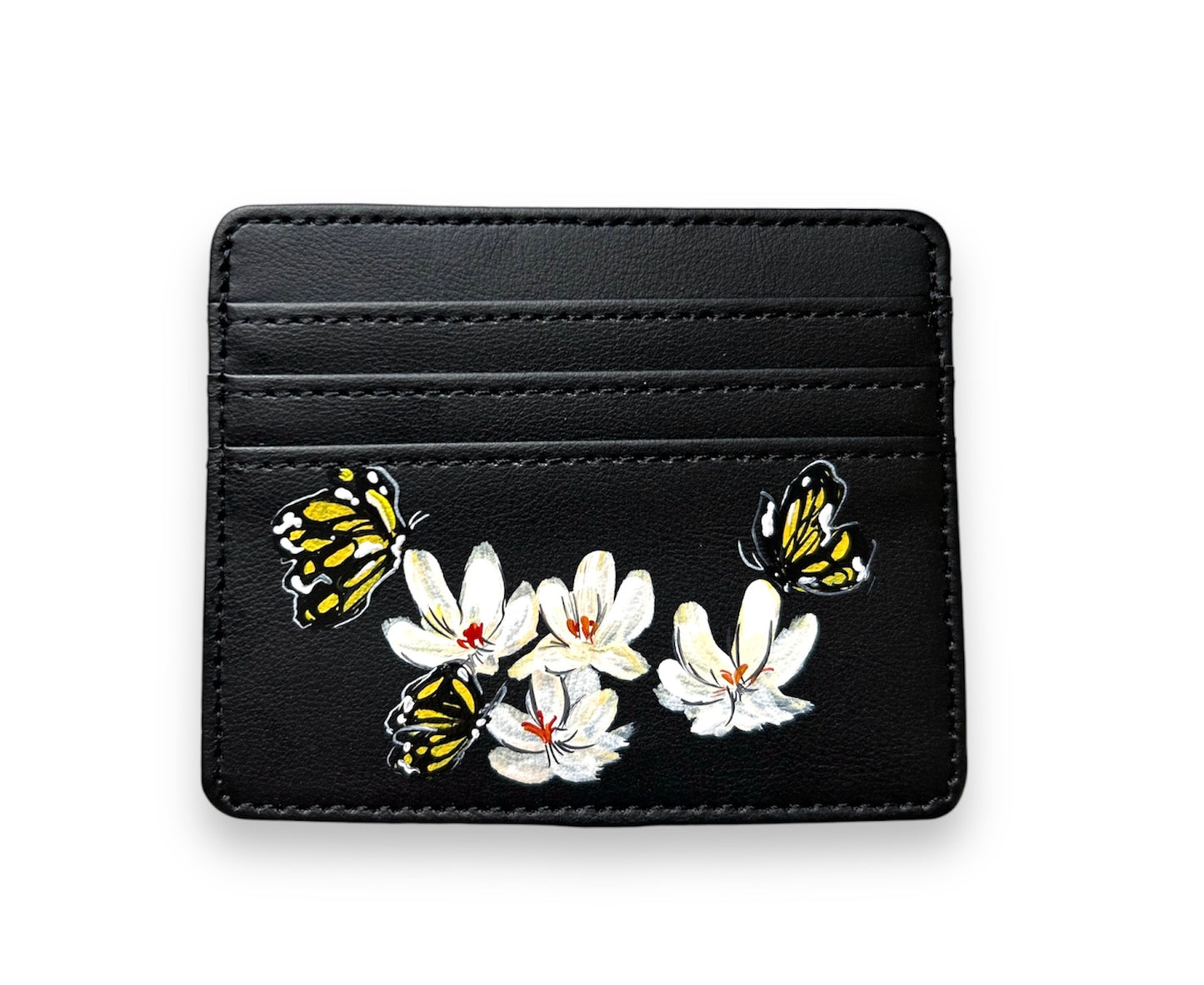 White flowers & butterflies Simple black cardholder