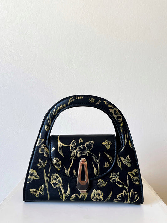 Golden Floral Pattern on leather hand bag