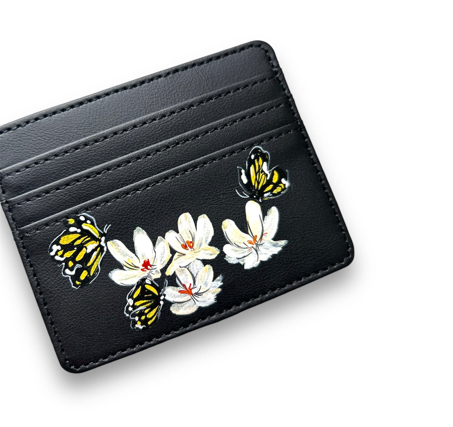 White flowers & butterflies Simple black cardholder