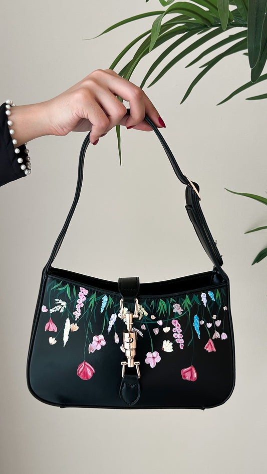 Floral collection black leather hand bag